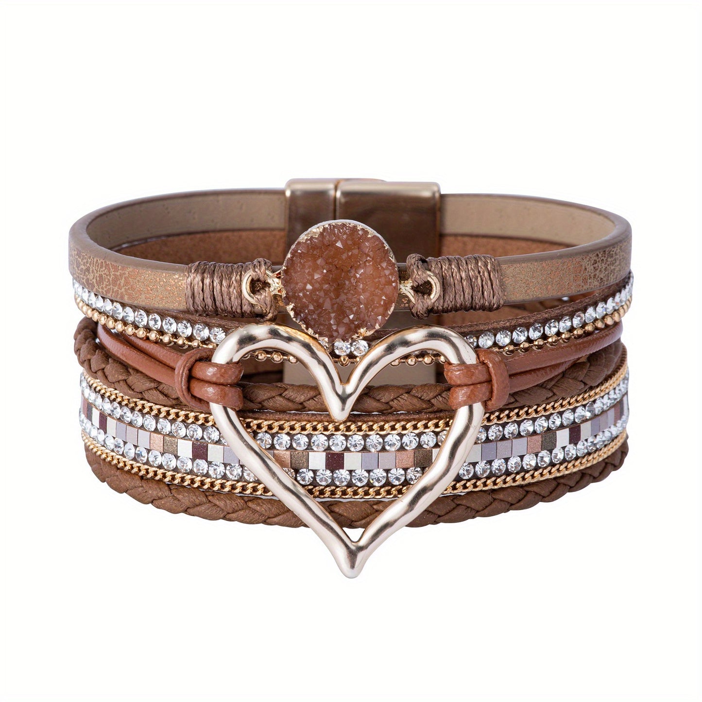 Zimonto - Bohemian Multi-layer Leather Bracelet Hand-woven Bracelet Golden Big Heart Ladies Fashion Bracelet Dark Coffee