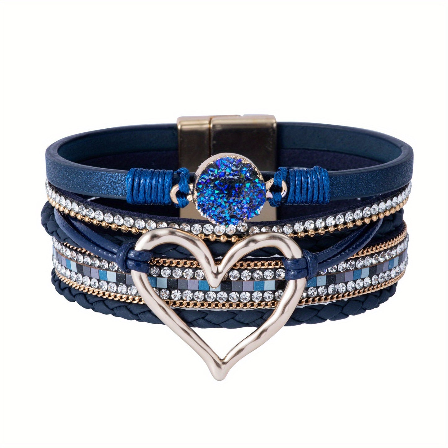 Zimonto - Bohemian Multi-layer Leather Bracelet Hand-woven Bracelet Golden Big Heart Ladies Fashion Bracelet Royal blue