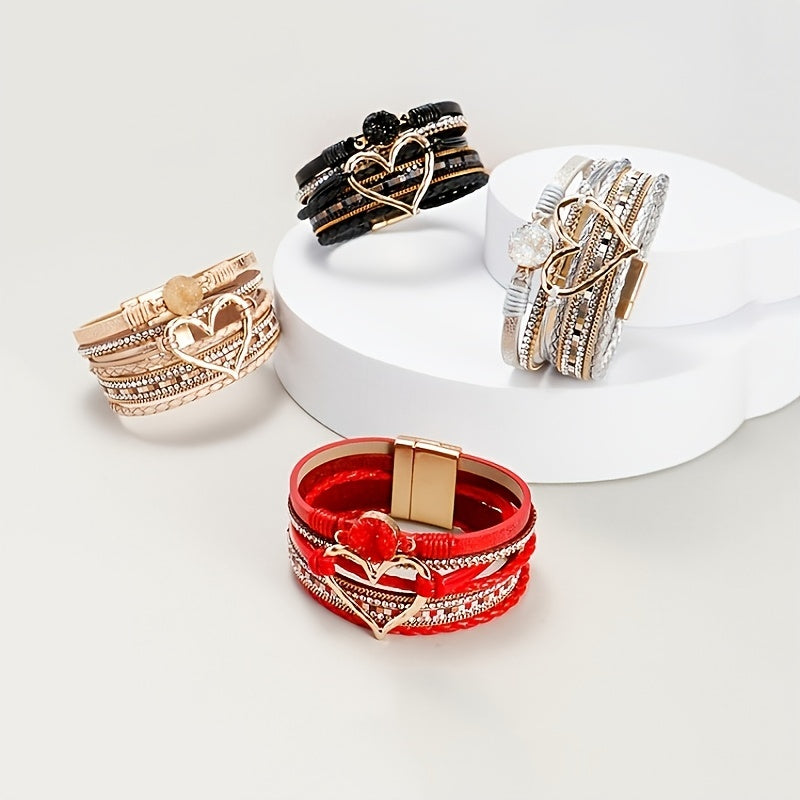 Zimonto - Bohemian Multi-layer Leather Bracelet Hand-woven Bracelet Golden Big Heart Ladies Fashion Bracelet