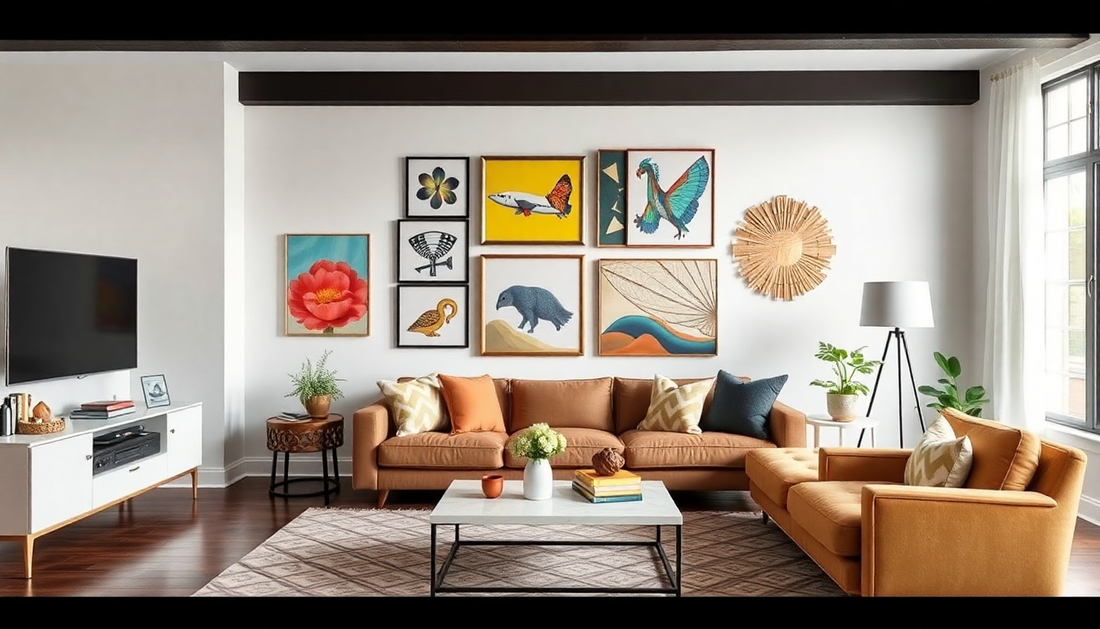 A stylish living room featuring various wall art styles