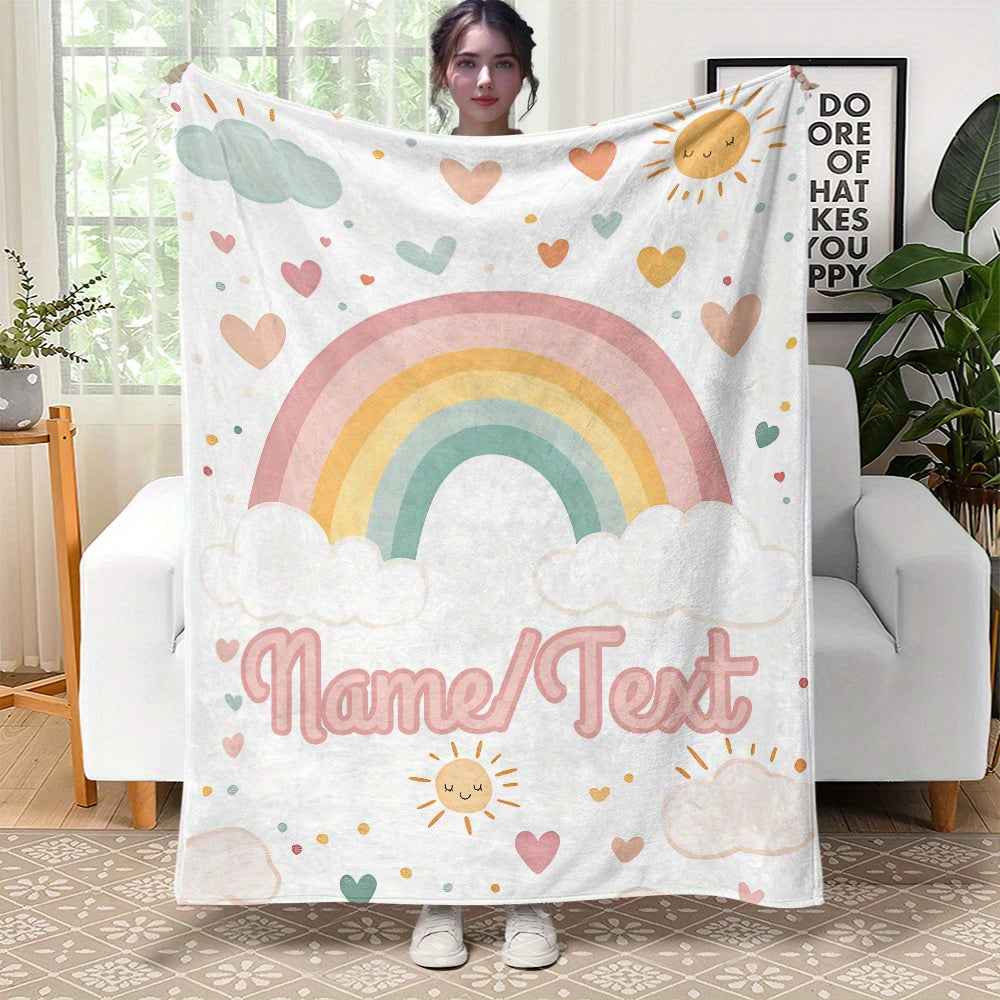 Personalized Rainbow Hearts Flannel Blanket Soft Warm Durable