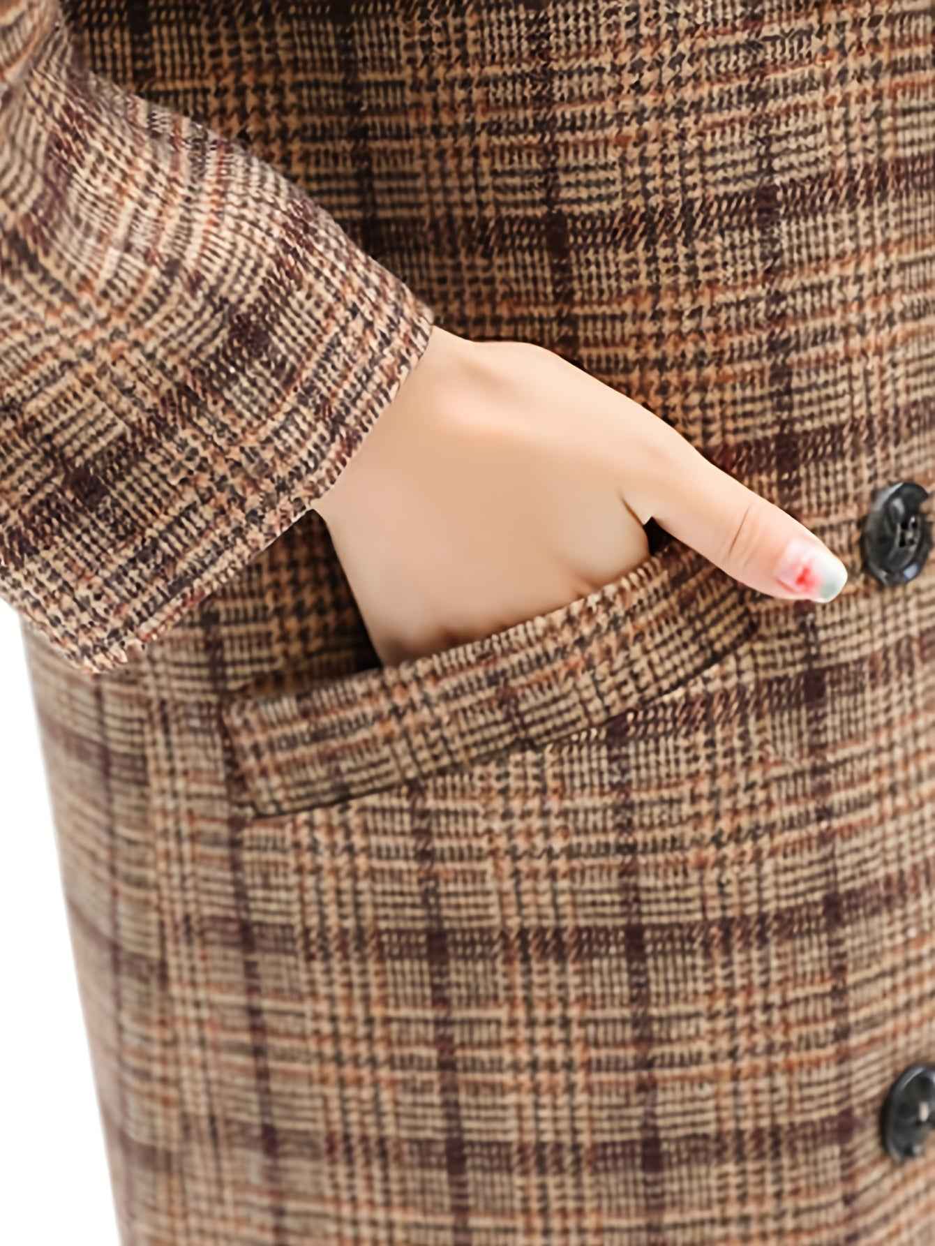 Womens Oversize Wool Blend Plaid DoubleBreasted Trench Coat