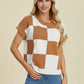 Double Take Full Size Checkered Round Neck Short Sleeve Sweater