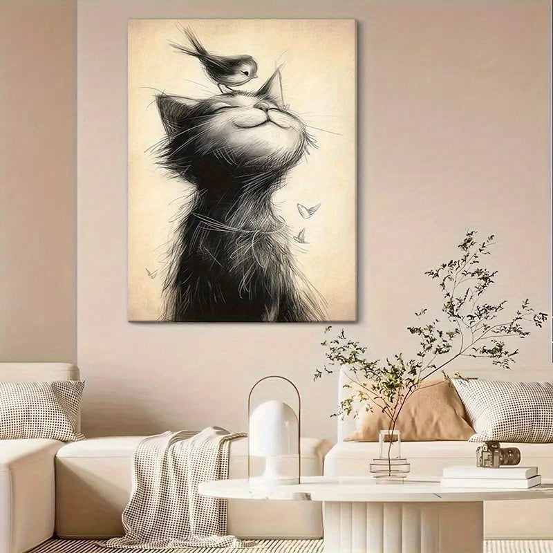 Zimonto - 1pc 40*60cm/ 16*24in Modern Art Canvas Poster with Wooden Framed, Cat and Bird Printed Painting on Black and White Canvas Wall Decoration, Bedroom, Bathroom, Dining Room, Kitchen Decoration Paintin