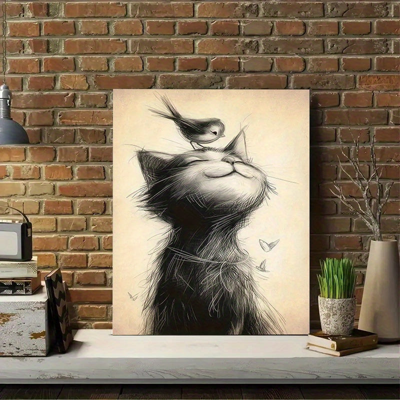 Zimonto - 1pc 40*60cm/ 16*24in Modern Art Canvas Poster with Wooden Framed, Cat and Bird Printed Painting on Black and White Canvas Wall Decoration, Bedroom, Bathroom, Dining Room, Kitchen Decoration Paintin