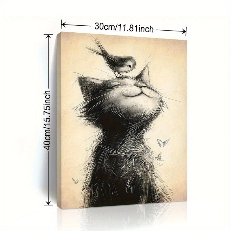 Zimonto - 1pc 40*60cm/ 16*24in Modern Art Canvas Poster with Wooden Framed, Cat and Bird Printed Painting on Black and White Canvas Wall Decoration, Bedroom, Bathroom, Dining Room, Kitchen Decoration Paintin