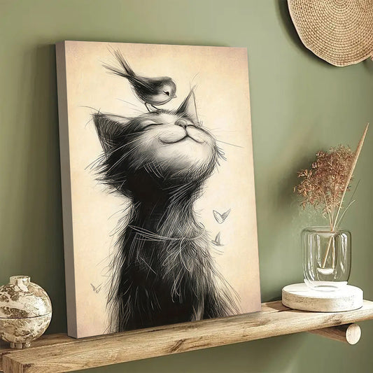 Zimonto - 1pc 40*60cm/ 16*24in Modern Art Canvas Poster with Wooden Framed, Cat and Bird Printed Painting on Black and White Canvas Wall Decoration, Bedroom, Bathroom, Dining Room, Kitchen Decoration Paintin