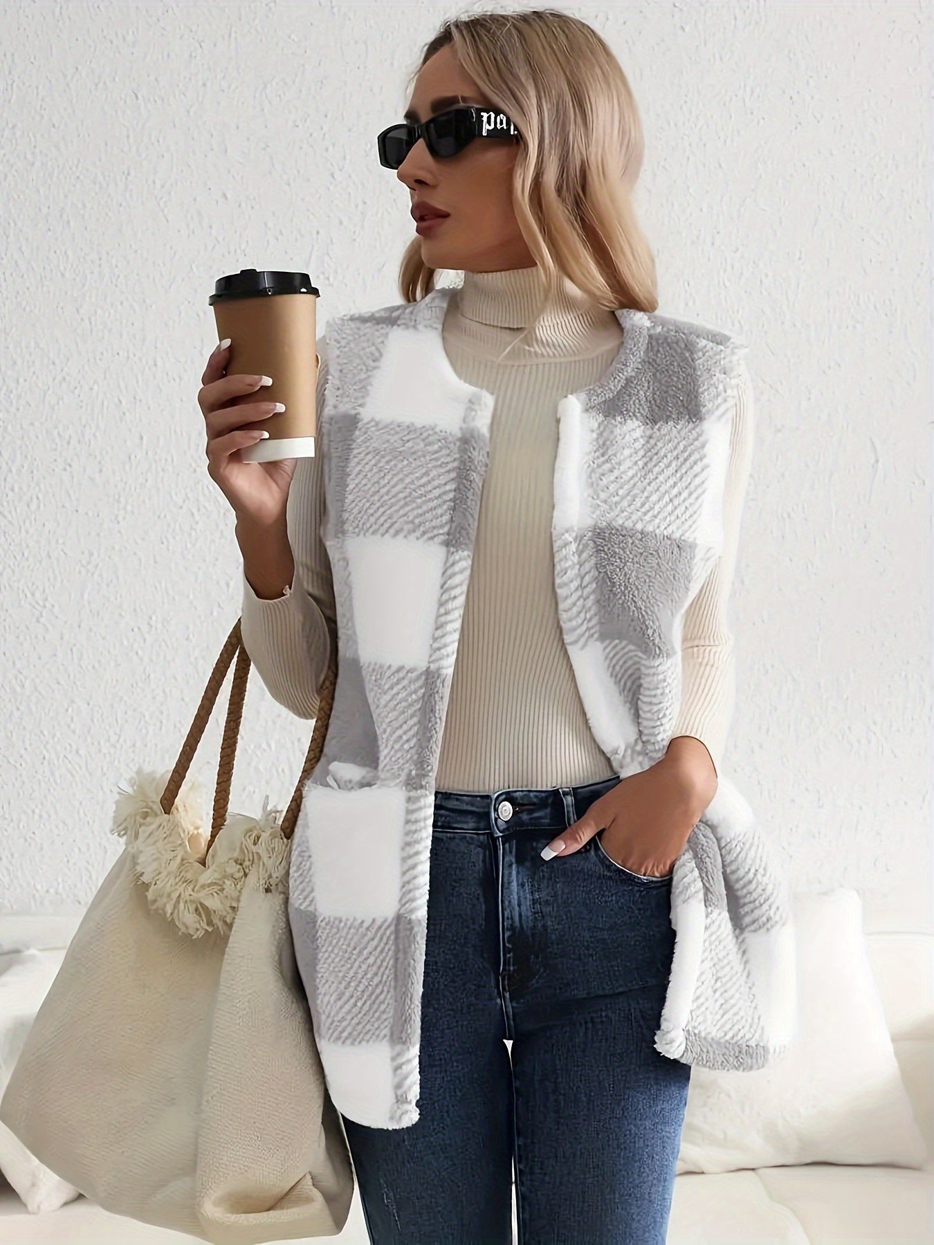 imms1k-9f - Womens Cozy Plaid Fuzzy Vest with Convenient Pockets