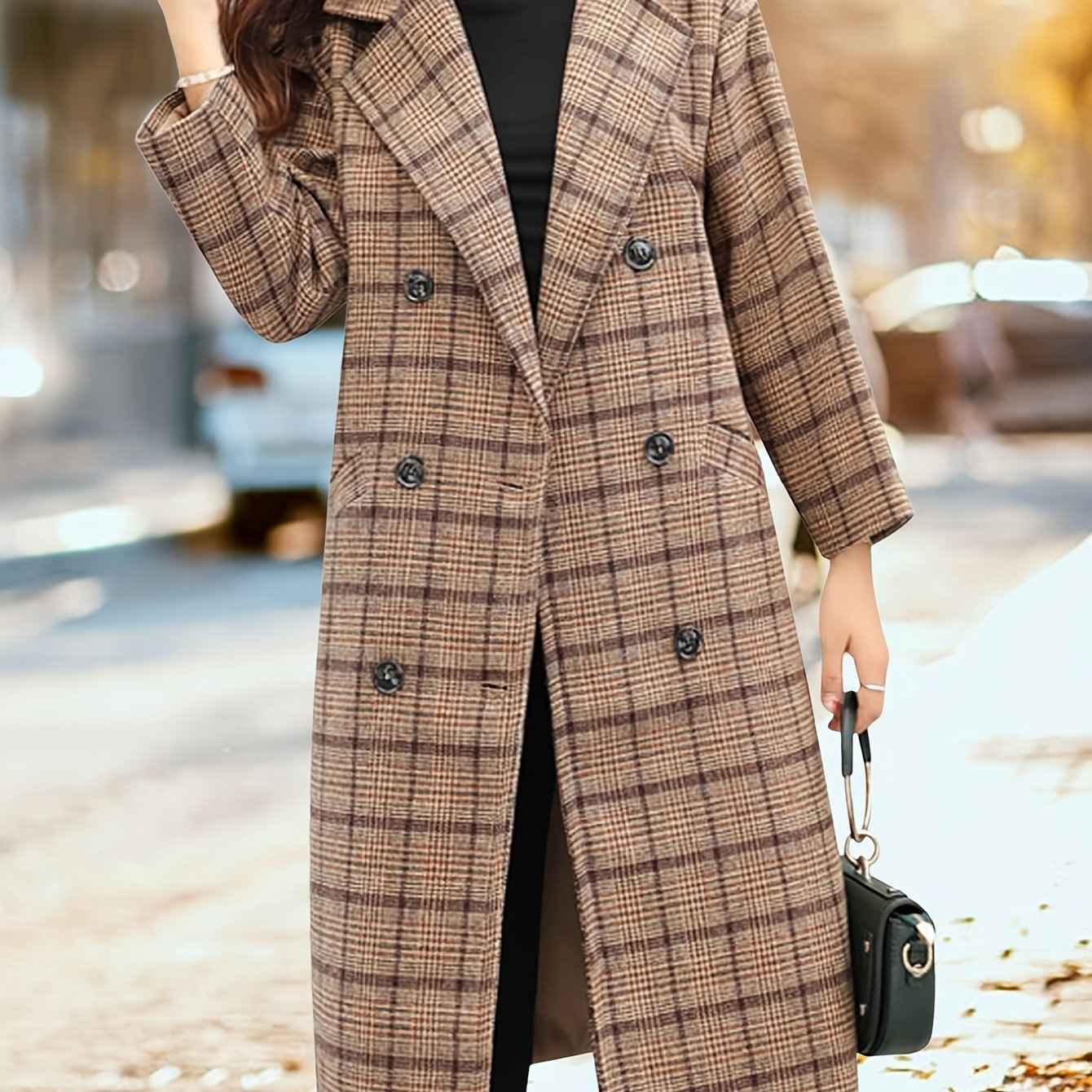 Womens Oversize Wool Blend Plaid DoubleBreasted Trench Coat