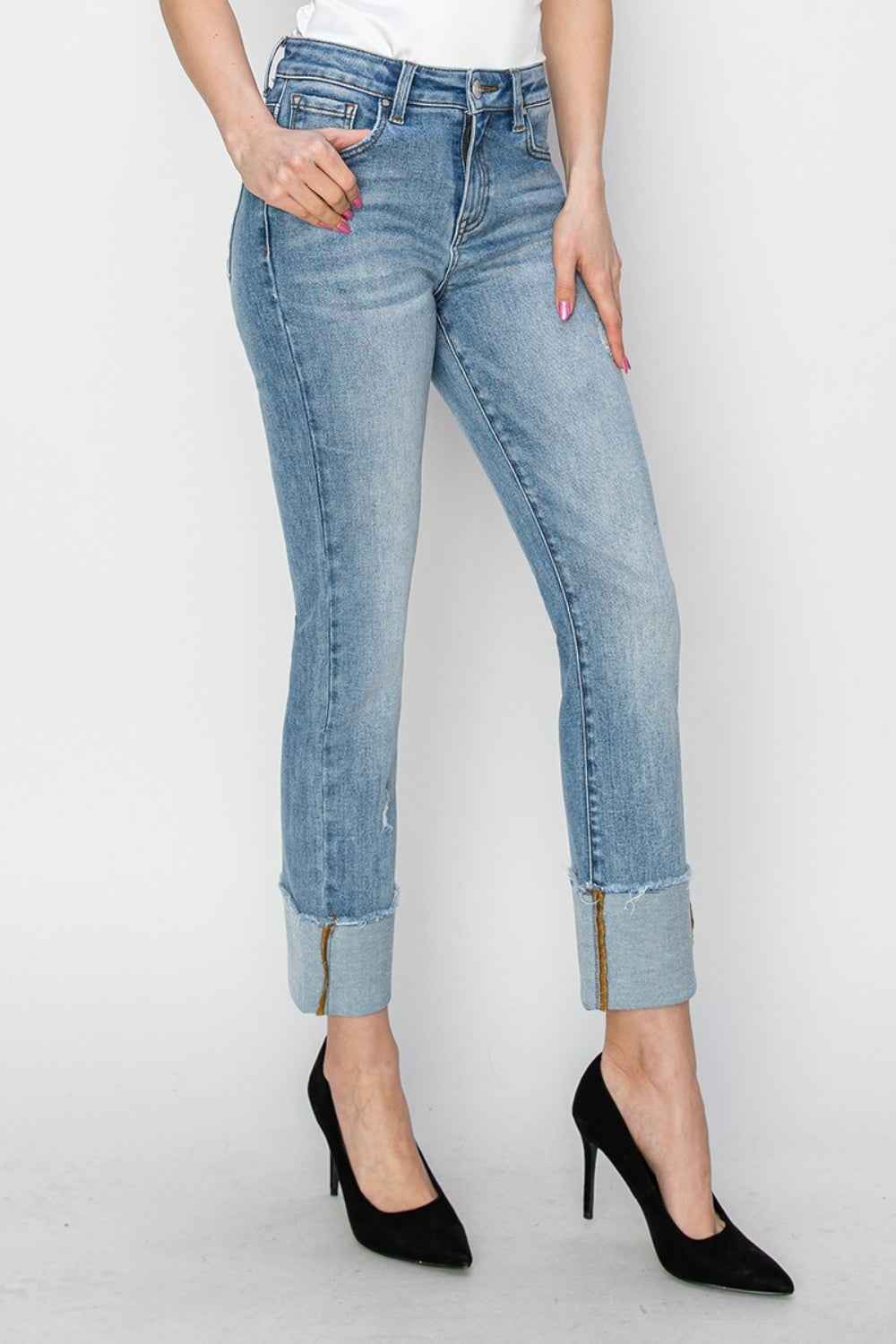 RISEN Full Size High Rise Cuffed Slim Straight Jeans