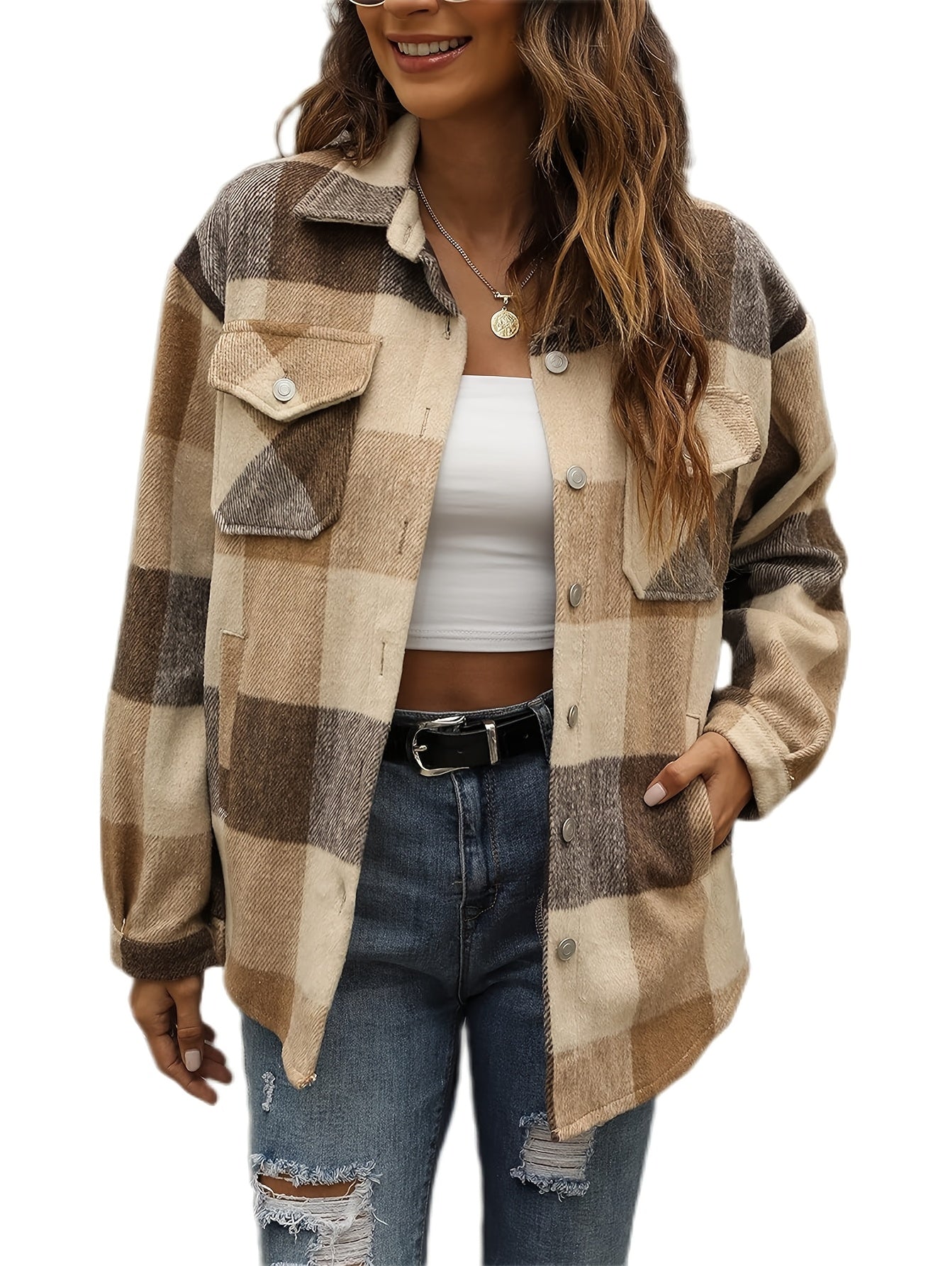 Zimonto - Womens Cozy Plaid Flannel Shacket Soft Fleece Jacket