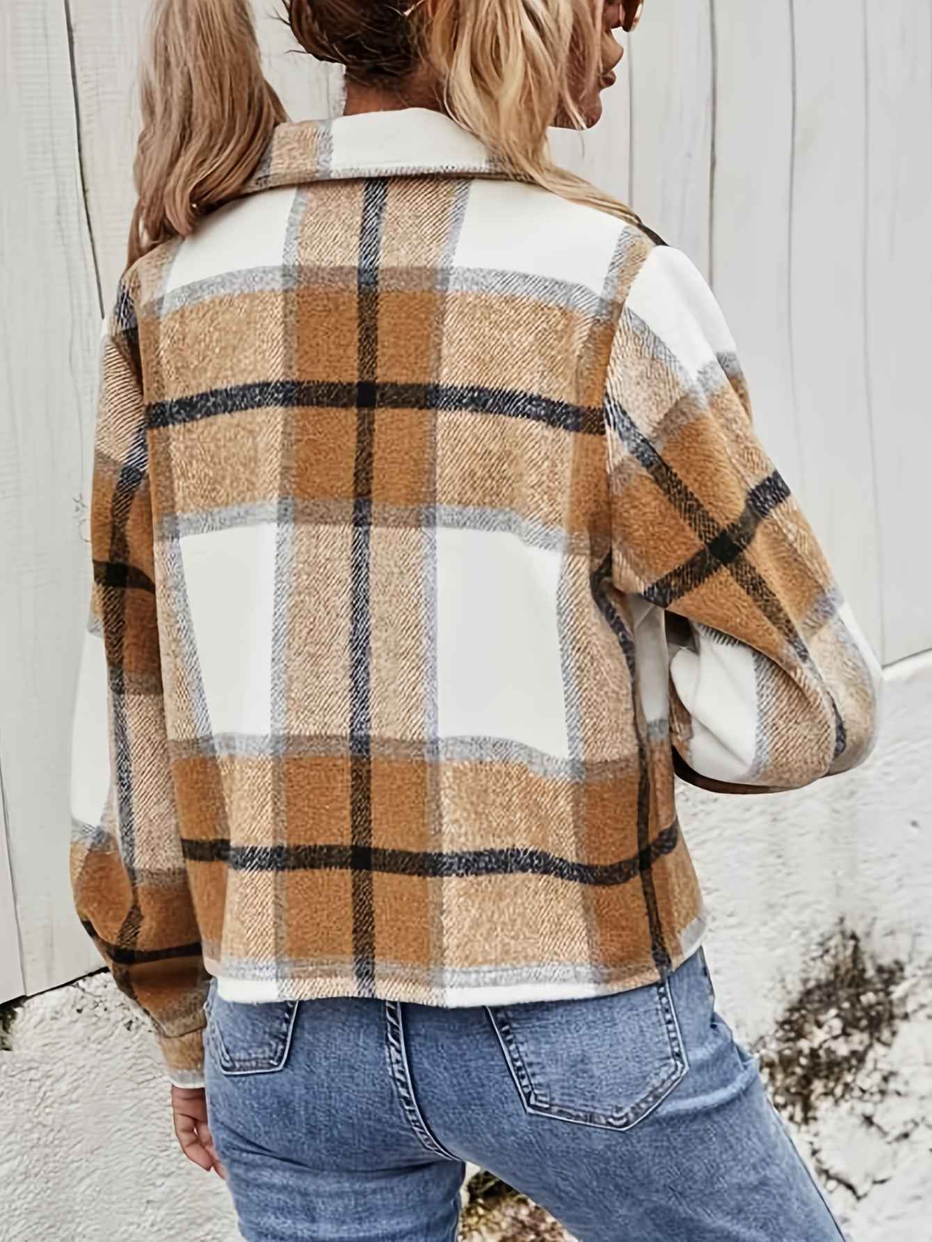 Womens Casual Plaid Cropped Jacket with Pockets