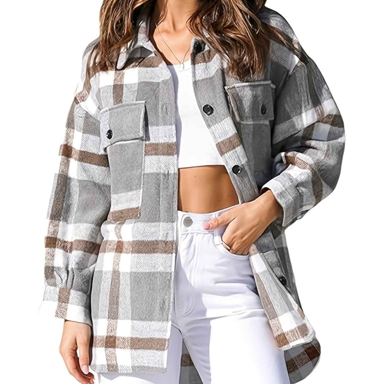 Womens Casual Plaid Flannel Shacket Jacket with Pockets