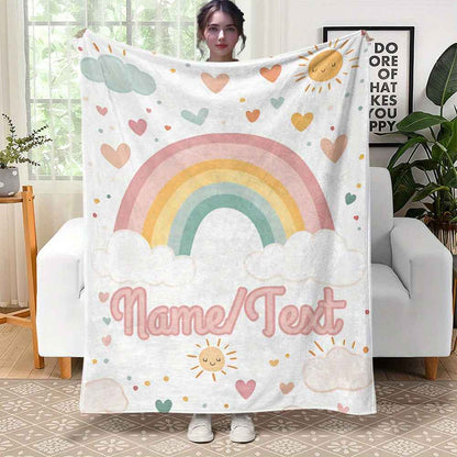 Personalized Rainbow Hearts Flannel Blanket Soft Warm Durable
