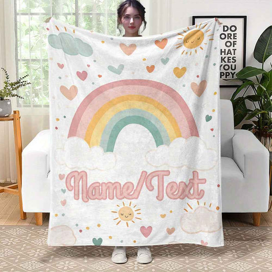 Personalized Rainbow Hearts Flannel Blanket Soft Warm Durable