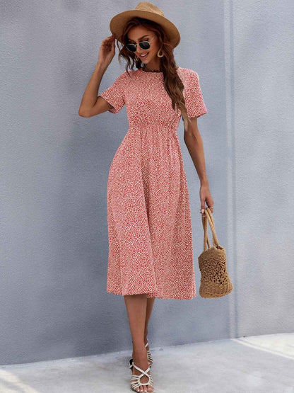 Honey Printed Round Neck Short Sleeve Midi Dress