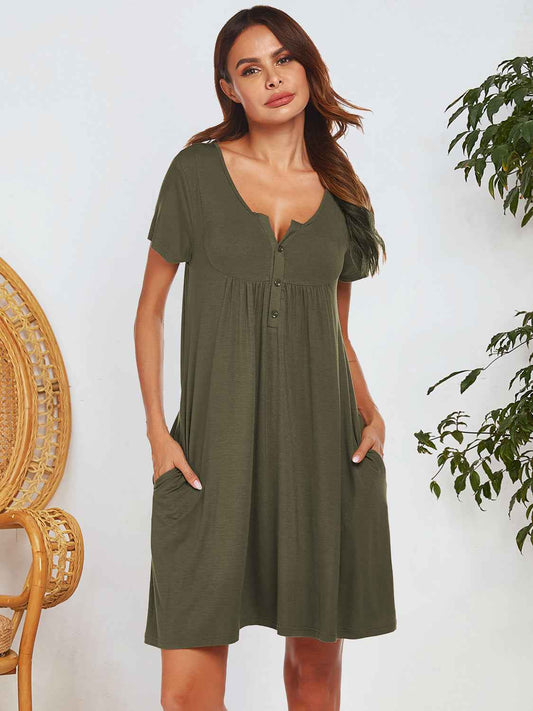 Notched Short Sleeve Mini Lounge Dress
