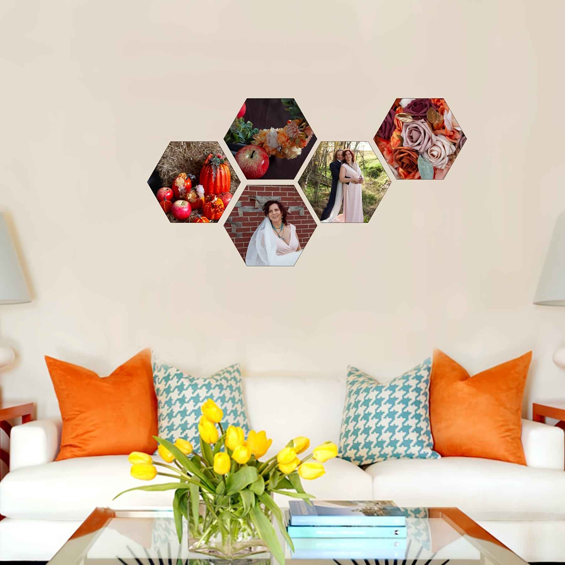 Custom Photo Hexagon Tile Print, Personalized Wall Art, 9.4x8 Inch Picture, Collage, Family Photo Gift, Adhesive Mount, No Damage