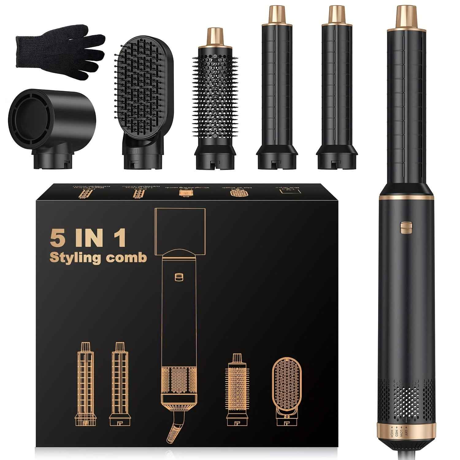 Zimonto 5 in 1 hair dryer brush with multiple styling attachments and heat-resistant glove