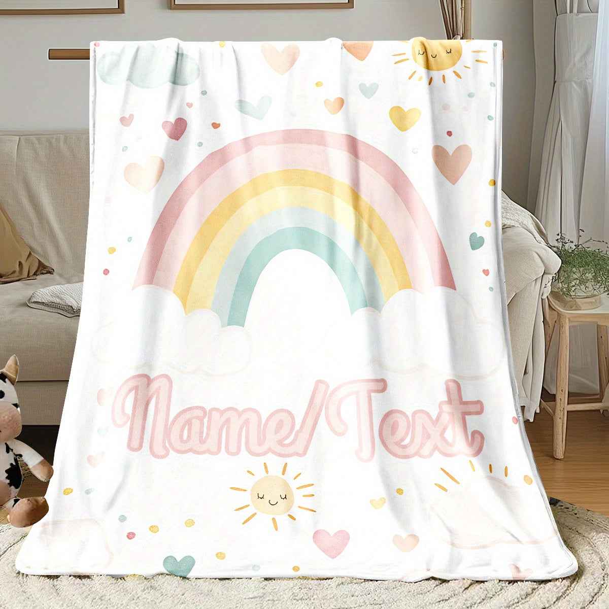 Personalized Rainbow Hearts Flannel Blanket Soft Warm Durable