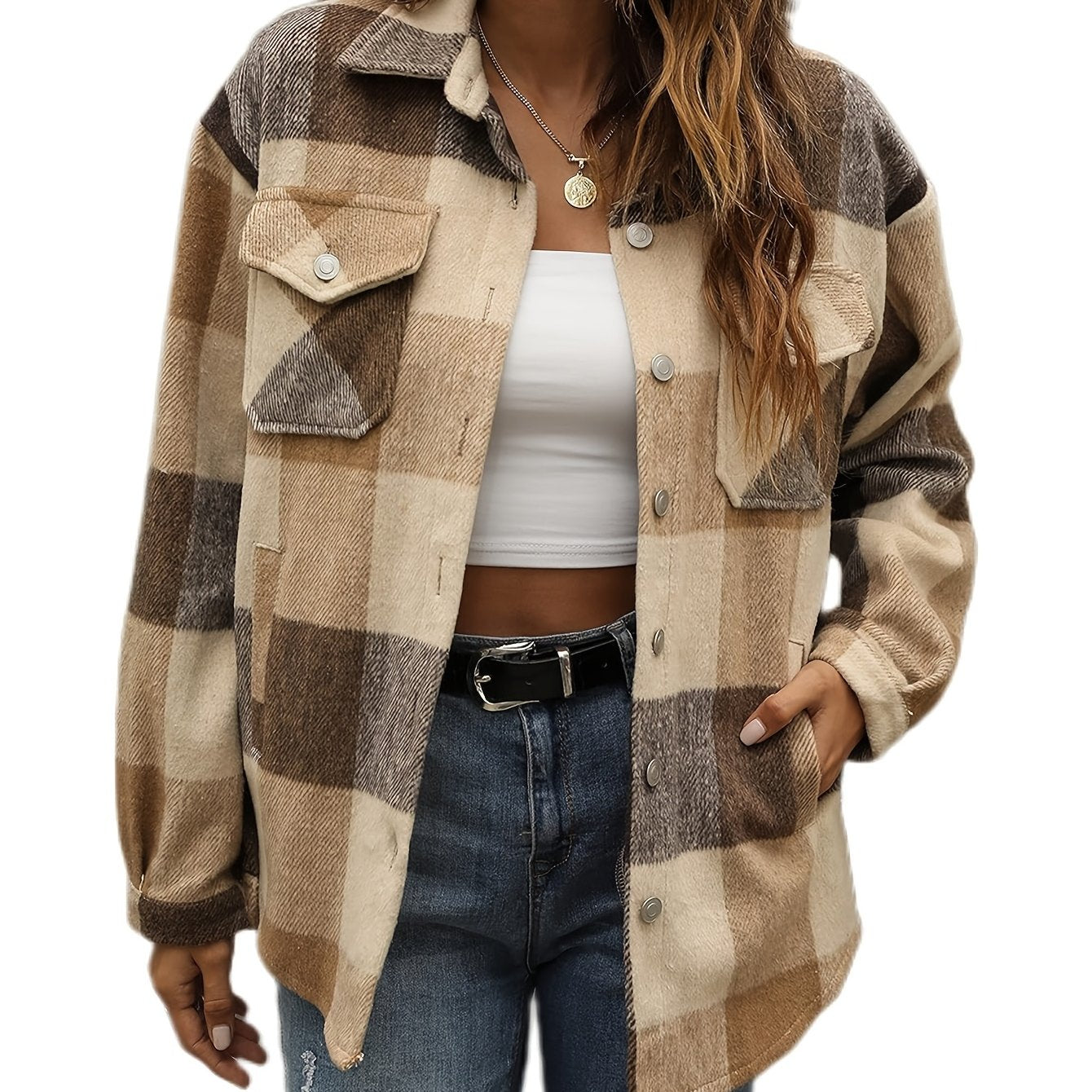 Zimonto - Womens Cozy Plaid Flannel Shacket Soft Fleece Jacket Rich Dark Brown