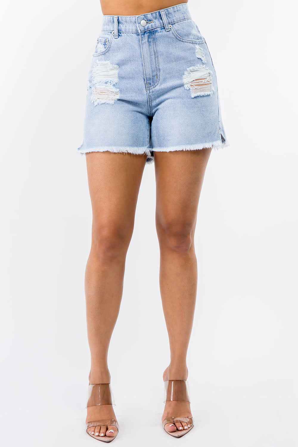 American Bazi High Waist Distressed Raw Hem Denim Shorts
