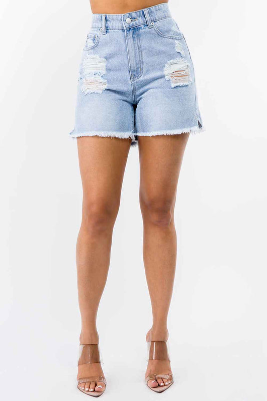American Bazi High Waist Distressed Raw Hem Denim Shorts