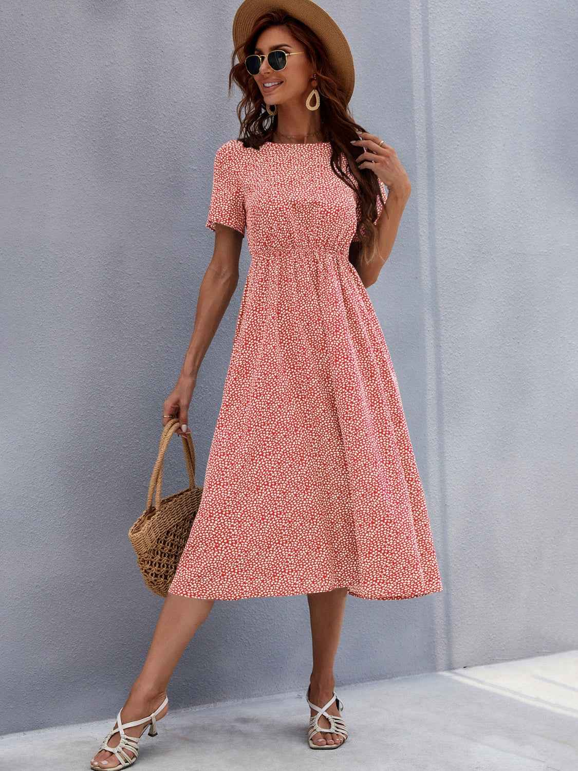 Honey Printed Round Neck Short Sleeve Midi Dress