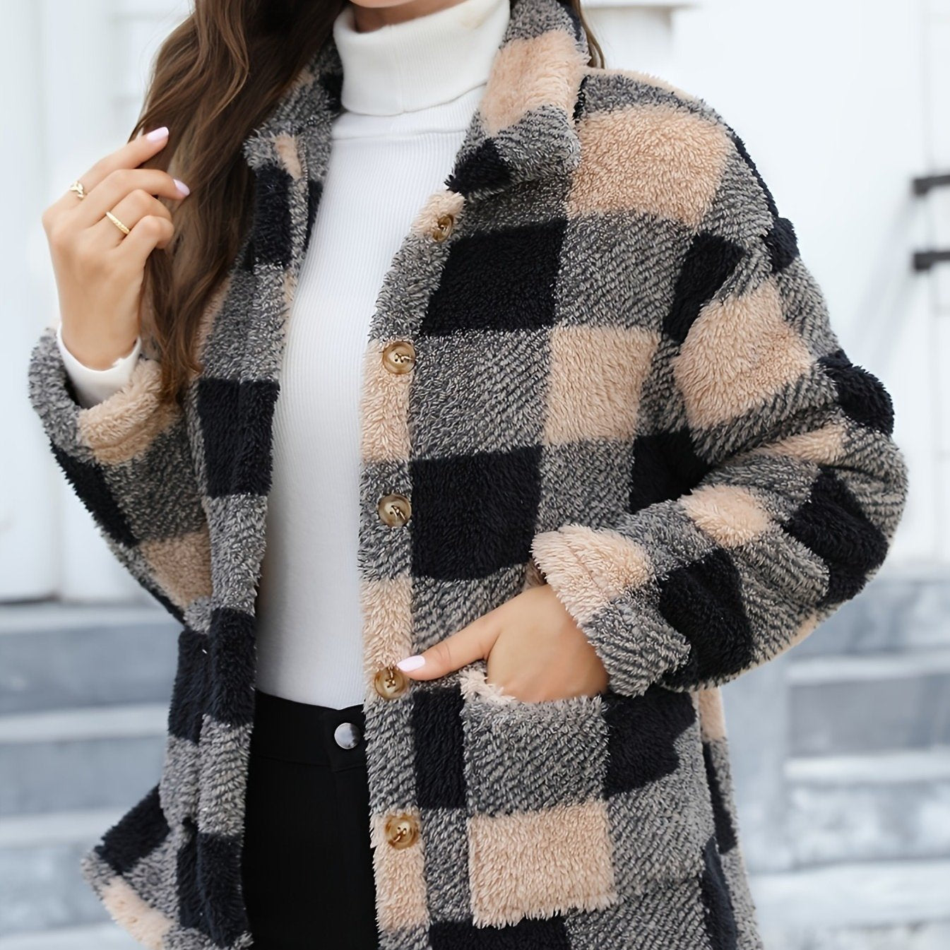 imms1k-9f - Womens Plaid Patchwork ButtonUp Coat with Pockets Variegated Shade