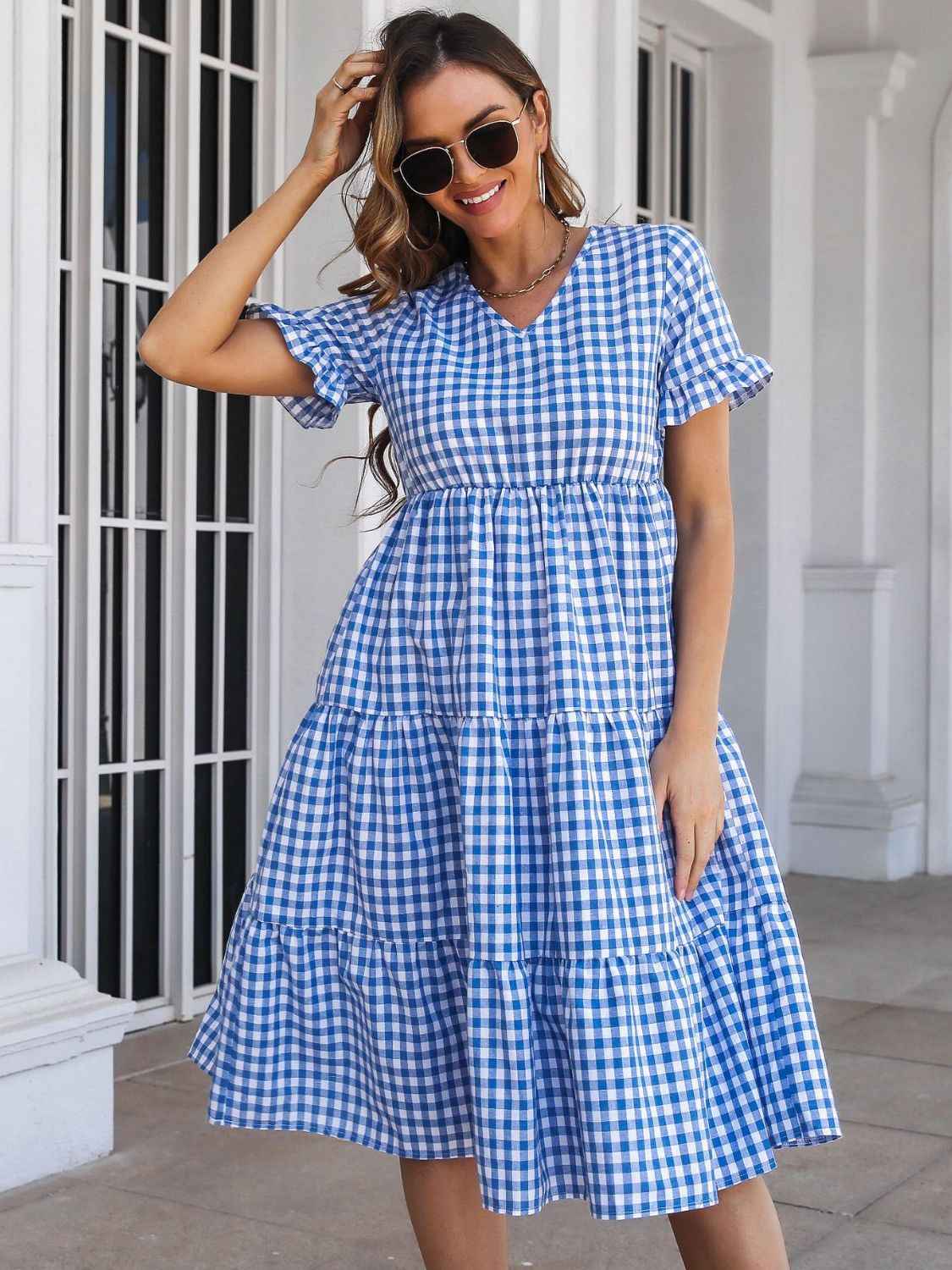 Plaid V-Neck Short Sleeve Midi Dress