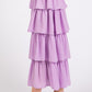Side view of the Mittoshop Chiffon Ruffle Layer Elastic Waist Midi Skirt in lavender, showcasing its flowy layers and comfortable fit. Zimonto provides this beautiful women's elastic waist skirt for all occasions.