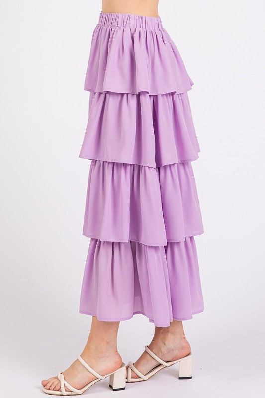Side view of the Mittoshop Chiffon Ruffle Layer Elastic Waist Midi Skirt in lavender, showcasing its flowy layers and comfortable fit. Zimonto provides this beautiful women's elastic waist skirt for all occasions.