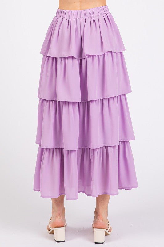 Back view of the Mittoshop Chiffon Ruffle Layer Elastic Waist Midi Skirt, highlighting the layered design and elastic waistband. This stylish women's elastic waist skirt from Zimonto is perfect for dressy or casual outfits.