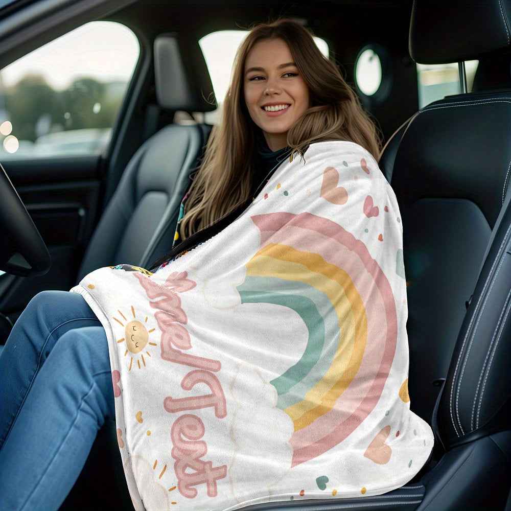 Personalized Rainbow Hearts Flannel Blanket Soft Warm Durable