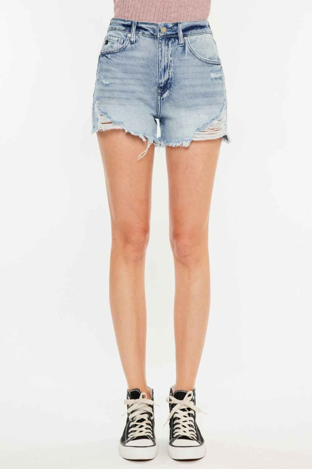 Kancan Distressed High Waist Denim Shorts with Pockets