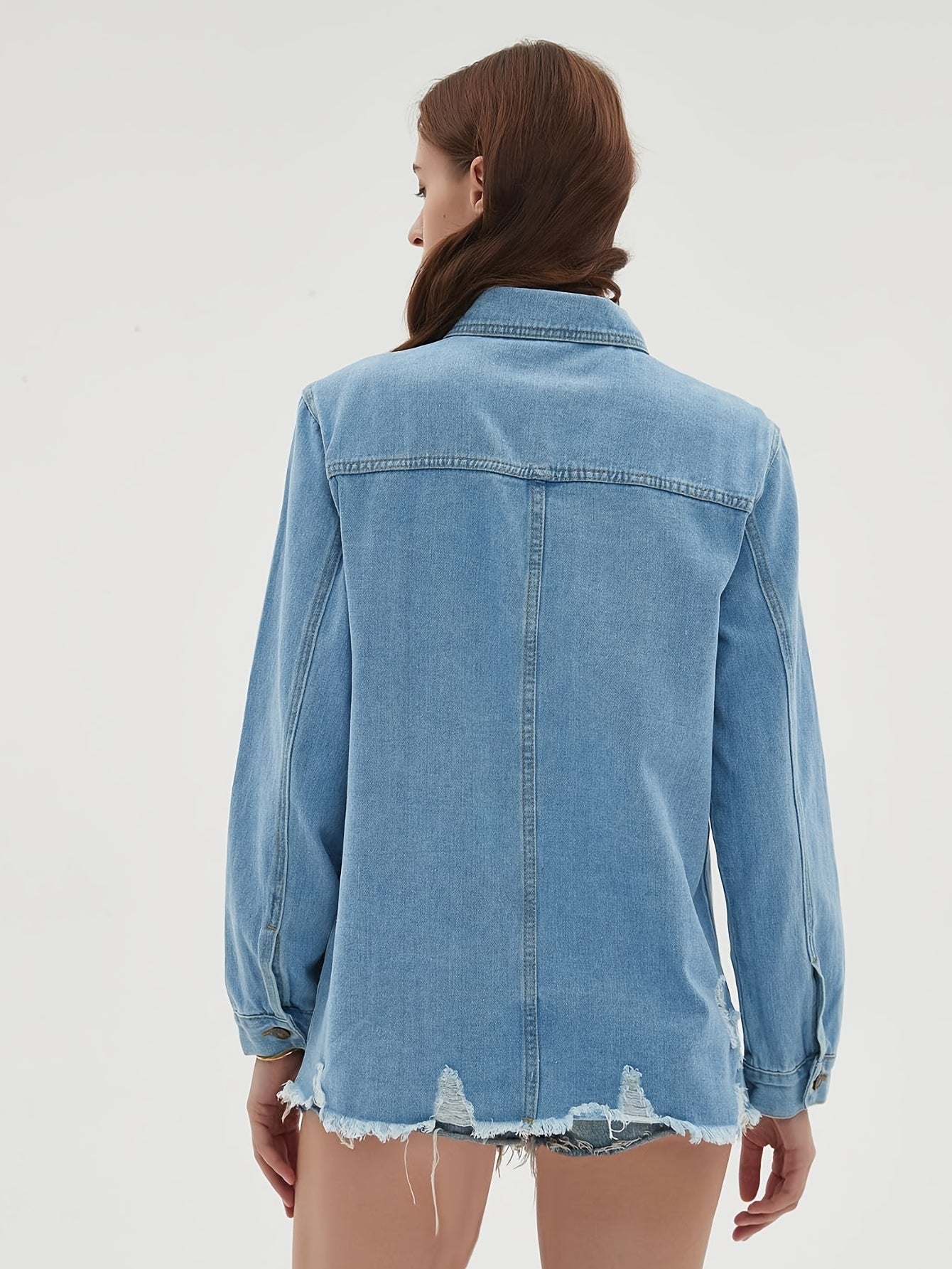 Zimonto - Womens Oversized Faux Denim Jacket with Frayed Hem
