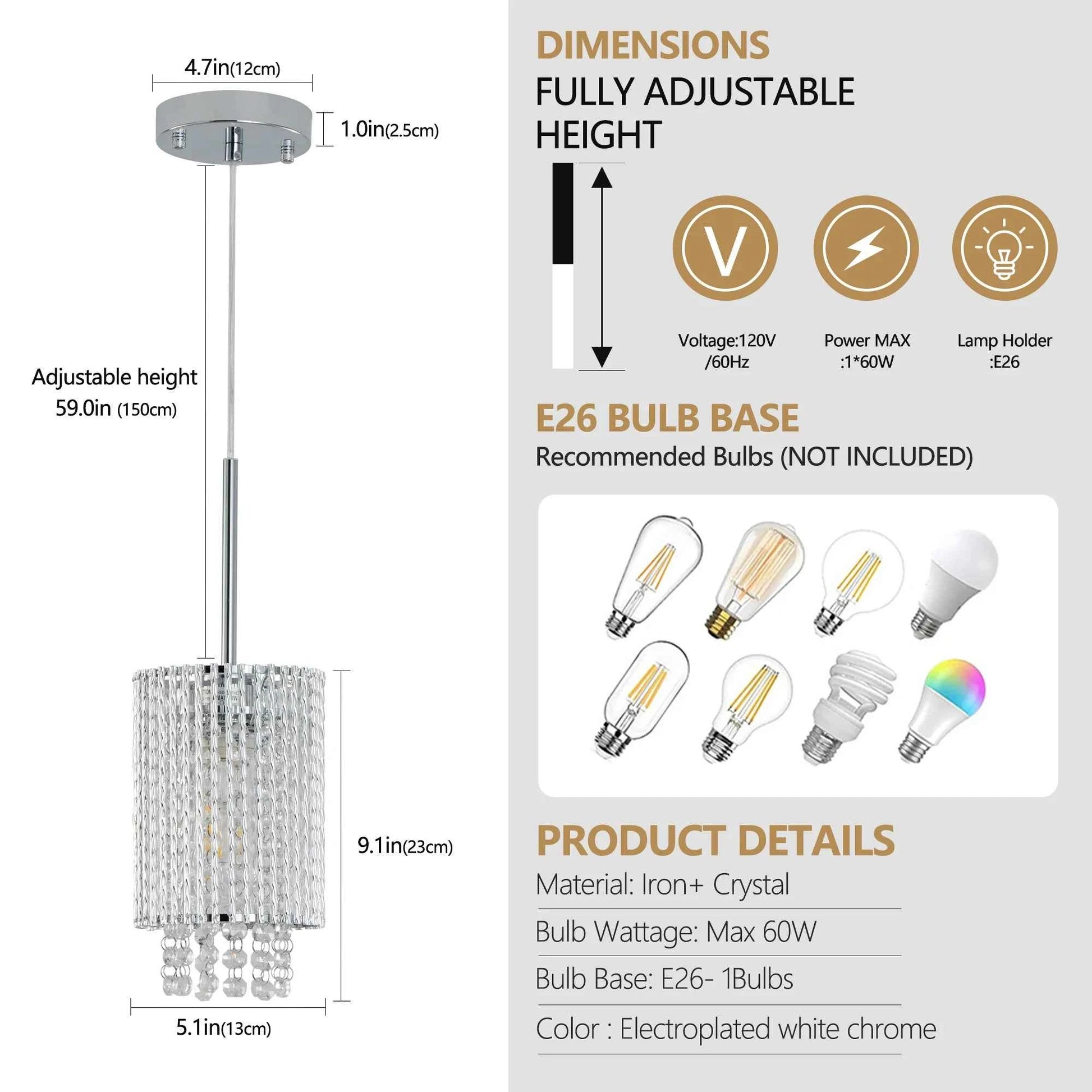 Elegant Crystal Pendant Lights Chrome Clear Beads Adjustable