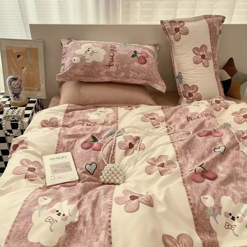 Cute animal-themed bedding set styled with playful decor, featuring Zimonto's INS Pink Bedding set to bring joy to any bedroom.