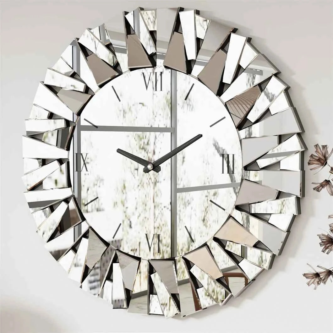 Mirrored Sunburst Clock Modern Roman Numeral Wall Decor