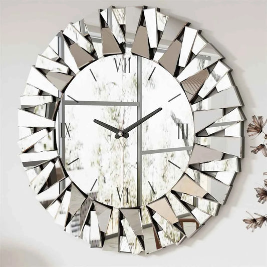 Mirrored Sunburst Clock Modern Roman Numeral Wall Decor