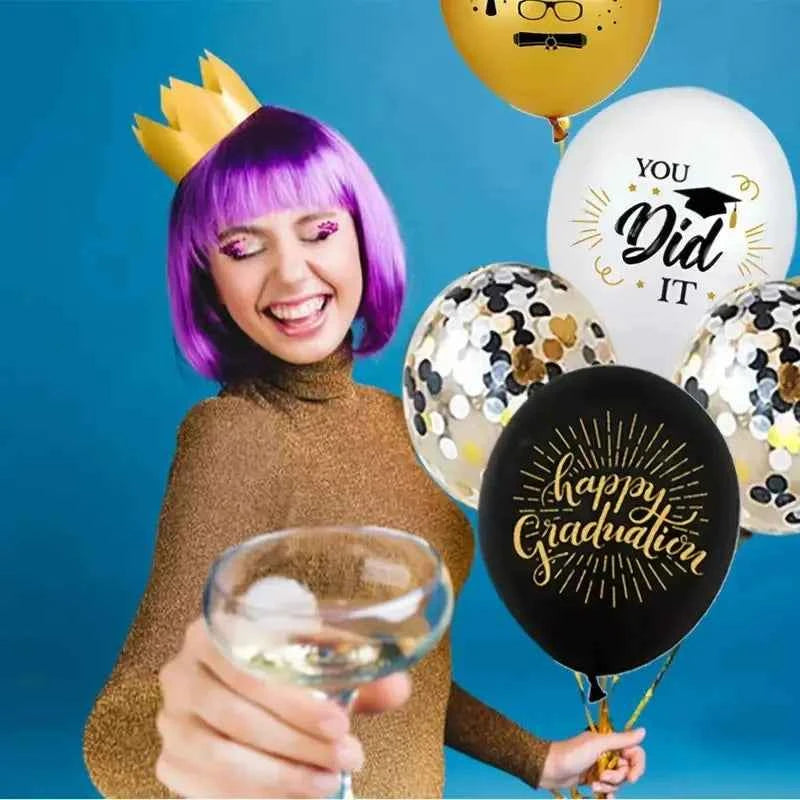 Graduation Balloons Black Gold  Confetti Celebration