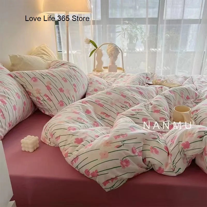 Lively patterned bedding arrangement with cute illustrations, featuring Zimonto's INS Pink Bedding perfect for a playful bedroom decor.