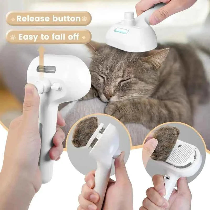 FurEase Comb – Spray, Comb, Shed-Free! User-friendly features of the detangling comb for animals displayed while used on a resting cat.