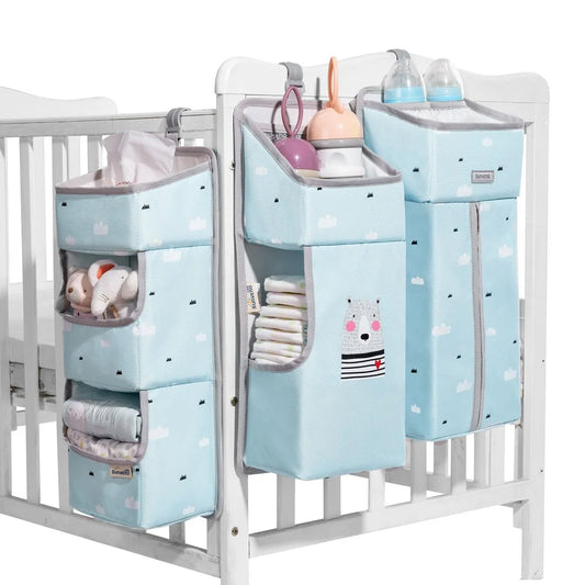 Sunveno Crib Organizer showcasing a functional hanging storage solution with multiple compartments for baby essentials like diapers and bottles.