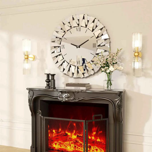 Mirrored Sunburst Clock Modern Roman Numeral Wall Decor
