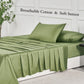 JELLYMONI Soft Cool Cotton Sateen Sheets highlighting breathable cotton and soft sateen textures, with vibrant green color on a cozy bed setup.