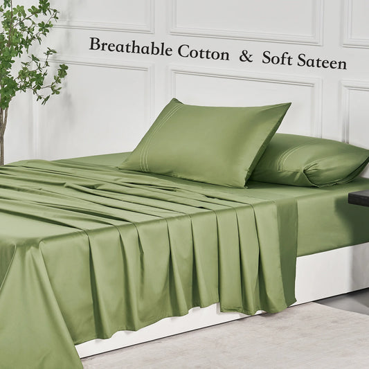 JELLYMONI Soft Cool Cotton Sateen Sheets highlighting breathable cotton and soft sateen textures, with vibrant green color on a cozy bed setup.