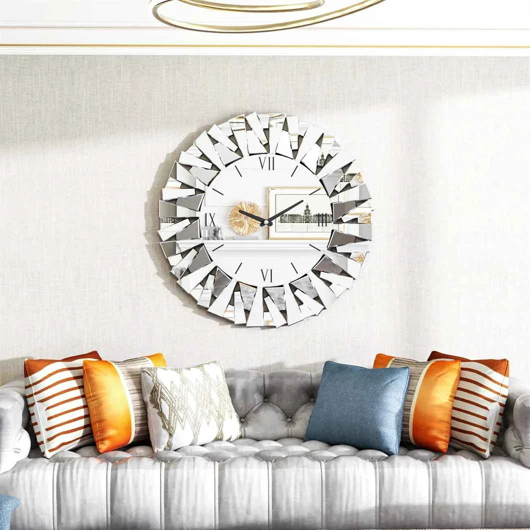 Mirrored Sunburst Clock Modern Roman Numeral Wall Decor