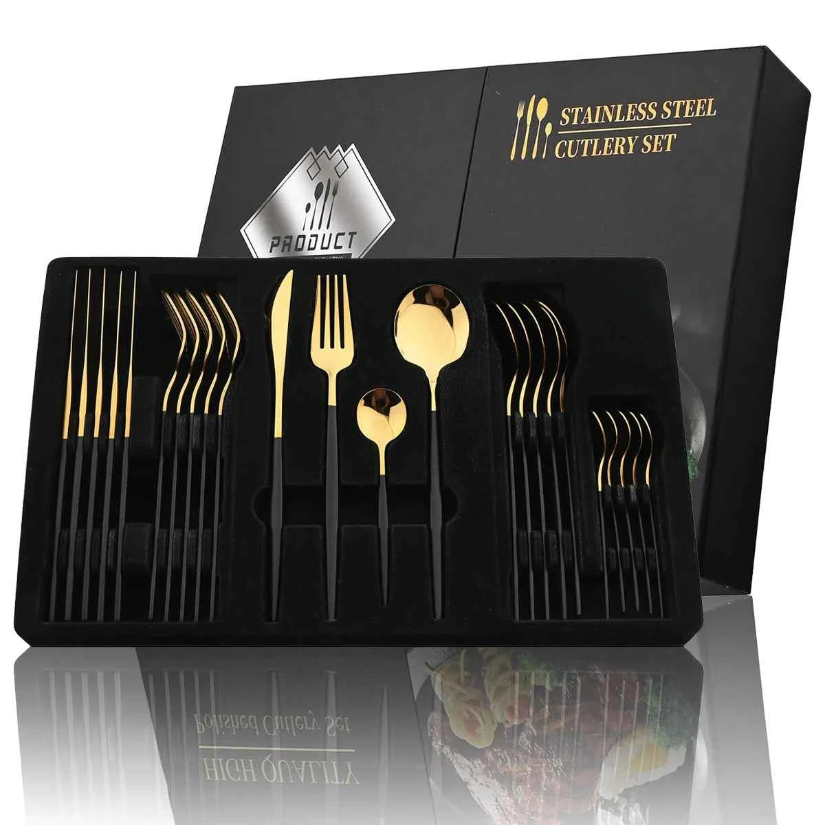 24pc Black Gold Stainless Steel Cutlery Set