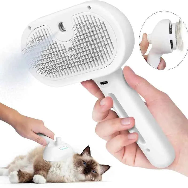 FurEase Comb – Spray, Comb, Shed-Free! Innovative detangling comb for animals shown being used on a cat, illustrating its grooming efficiency.